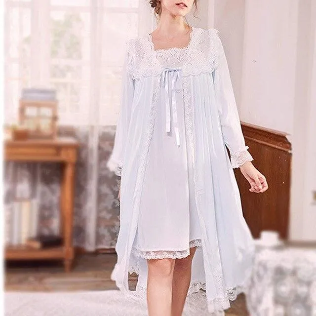 2 Pieces Set Women Cotton Lace Elegant Nightgowns Nightdress Sleepwear Lolita Spring Summer Palace Style Vintage Dress Bathrobes