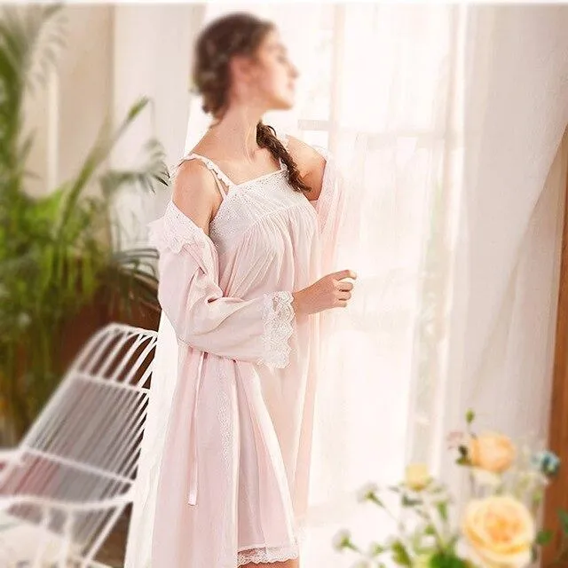 2 Pieces Set Women Cotton Lace Elegant Nightgowns Nightdress Sleepwear Lolita Spring Summer Palace Style Vintage Dress Bathrobes