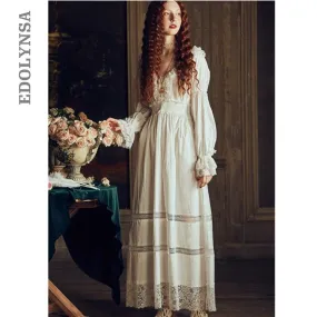 2019 Luxury Autumn Sleepwear Vintage White Cotton Nightgown Women Home Wear Night Dress Ladies Nightwear Lingerie Nighty T567