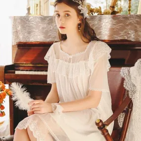 2019 new short-sleeved nightdress women white vintage court princess lace wide-brimmed lotus skirt pink yukata female Nightgowns