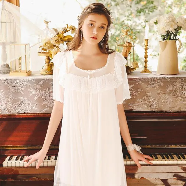 2019 new short-sleeved nightdress women white vintage court princess lace wide-brimmed lotus skirt pink yukata female Nightgowns
