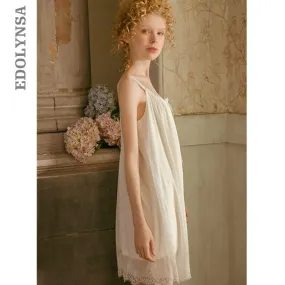 2019 Vintage Sleepwear Sexy Spaghetti Strap Open Back Women Home Wear Night Dress White Cotton Nightgown Nightwear Nighties T527