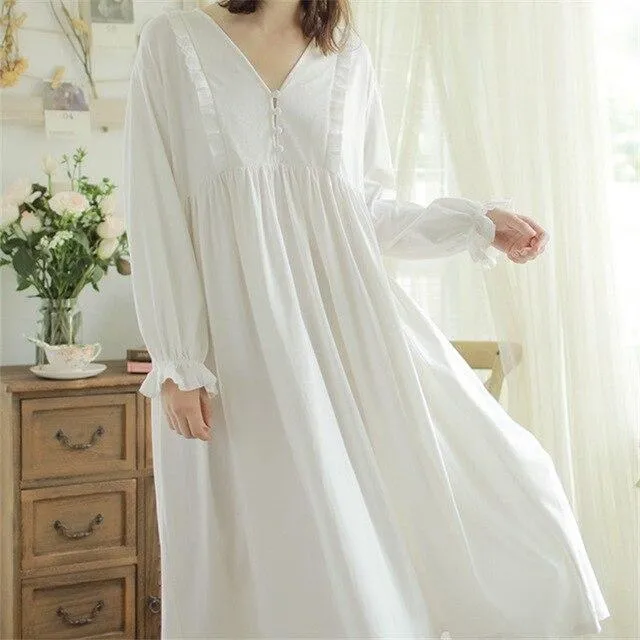Autumn Nightgown Vintage Princess Nightdress White Long Sleeve Home Wear Night Robe Dress Cotton Sleepwear Women Nightwear H710