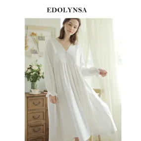Autumn Nightgown Vintage Princess Nightdress White Long Sleeve Home Wear Night Robe Dress Cotton Sleepwear Women Nightwear H710