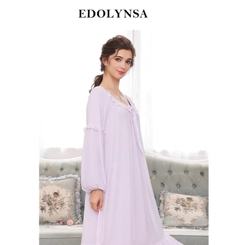 Autumn Sleepwear Women Vintage Nightgown Long Sleeve Lace Nightwear Purple Ruffle Night Dress Princess Elegant Homewear H714
