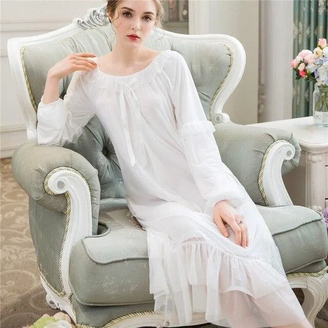 Autumn Sleepwear Women Vintage Nightgown Long Sleeve Lace Nightwear Purple Ruffle Night Dress Princess Elegant Homewear H714