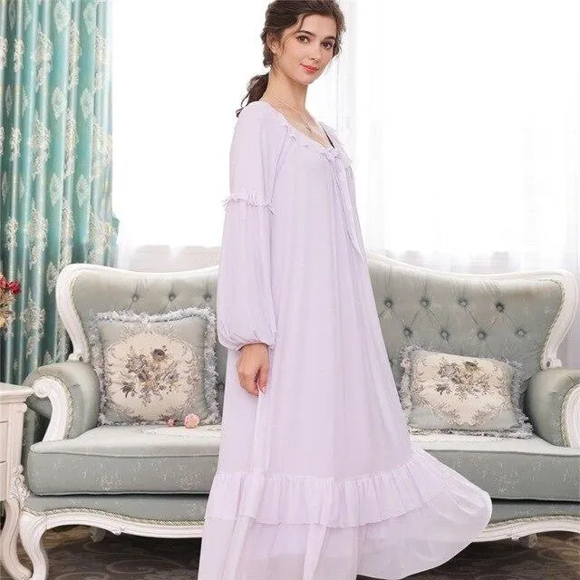 Autumn Sleepwear Women Vintage Nightgown Long Sleeve Lace Nightwear Purple Ruffle Night Dress Princess Elegant Homewear H714