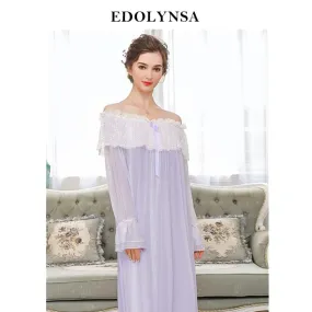 Autumn Sleepwear Women Vintage Nightgown Long Sleeve Slash Neck Pink Lace Night Dress Elegant Homewear Plus Size Nightwear H717