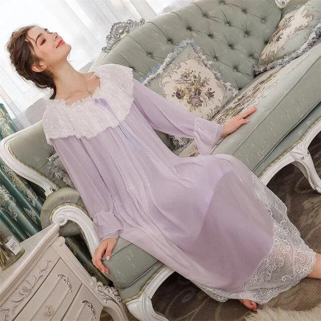 Autumn Sleepwear Women Vintage Nightgown Long Sleeve Slash Neck Pink Lace Night Dress Elegant Homewear Plus Size Nightwear H717