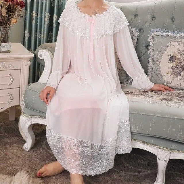 Autumn Sleepwear Women Vintage Nightgown Long Sleeve Slash Neck Pink Lace Night Dress Elegant Homewear Plus Size Nightwear H717