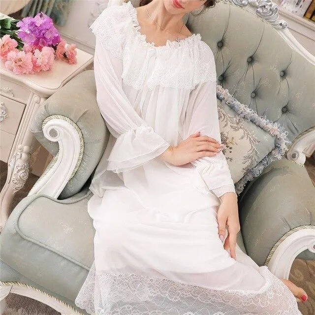 Autumn Sleepwear Women Vintage Nightgown Long Sleeve Slash Neck Pink Lace Night Dress Elegant Homewear Plus Size Nightwear H717
