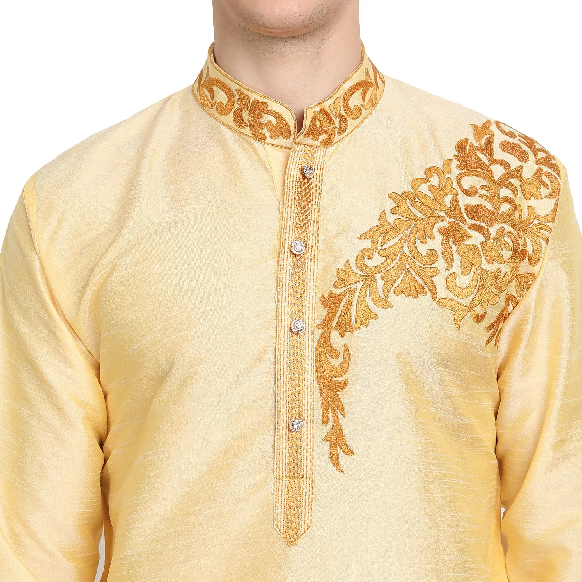 Kurta Pajama 2-Piece Set For Men Art Silk Party Wear Festive Dress Beige