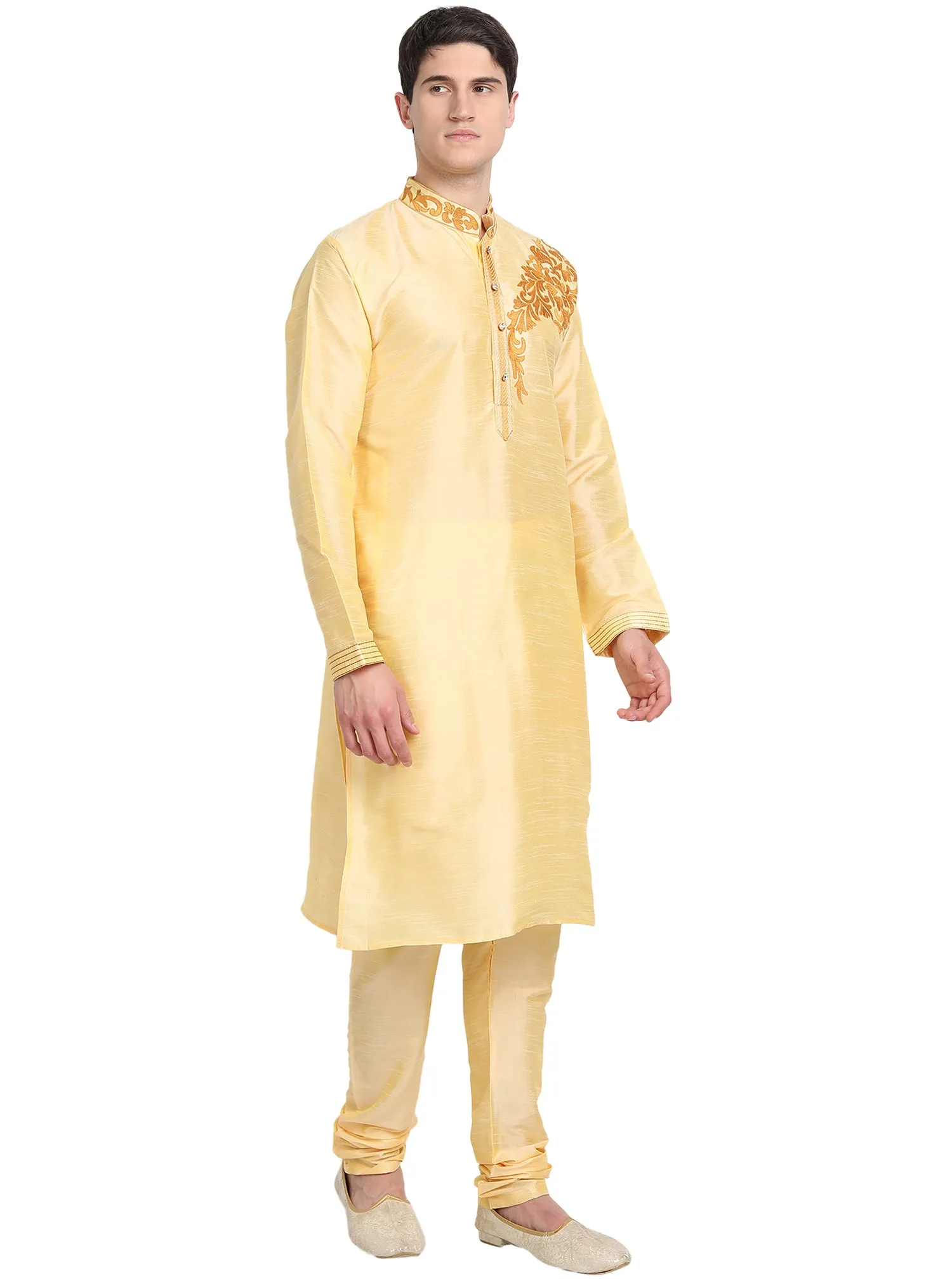 Kurta Pajama 2-Piece Set For Men Art Silk Party Wear Festive Dress Beige