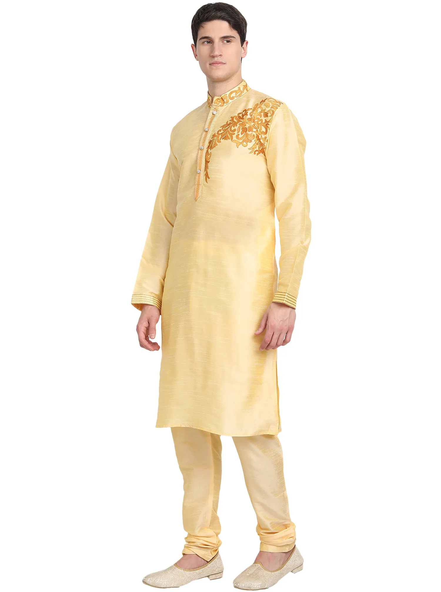Kurta Pajama 2-Piece Set For Men Art Silk Party Wear Festive Dress Beige