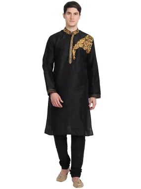 Kurta Pajama 2-Piece Set For Men Art Silk Party Wear Festive Dress Black