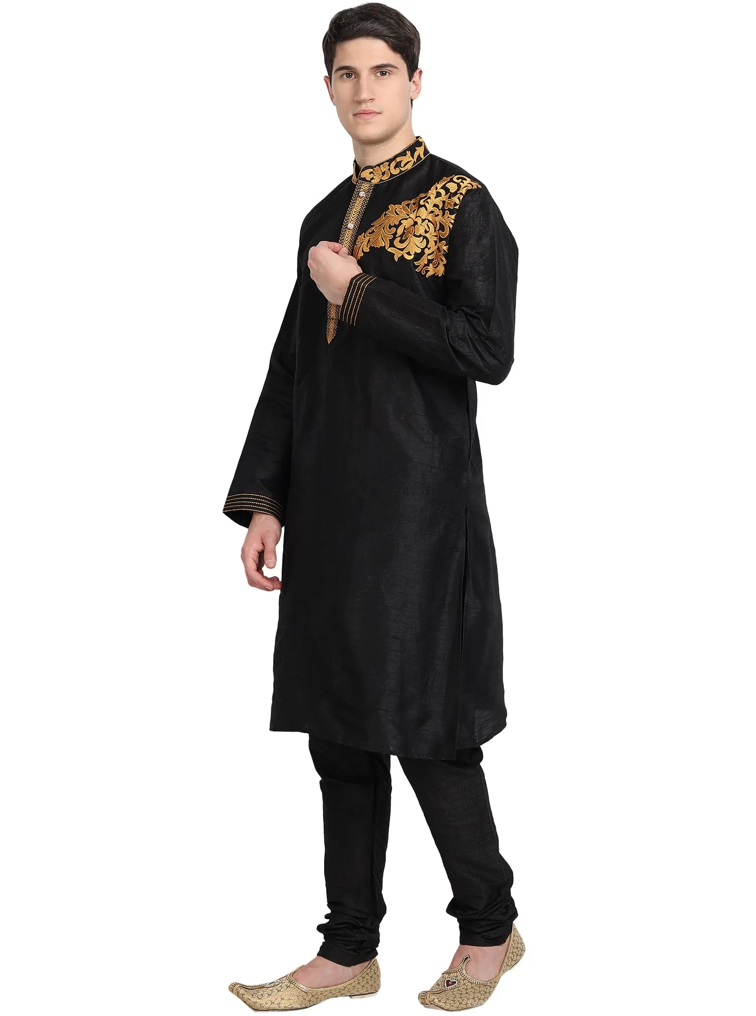 Kurta Pajama 2-Piece Set For Men Art Silk Party Wear Festive Dress Black