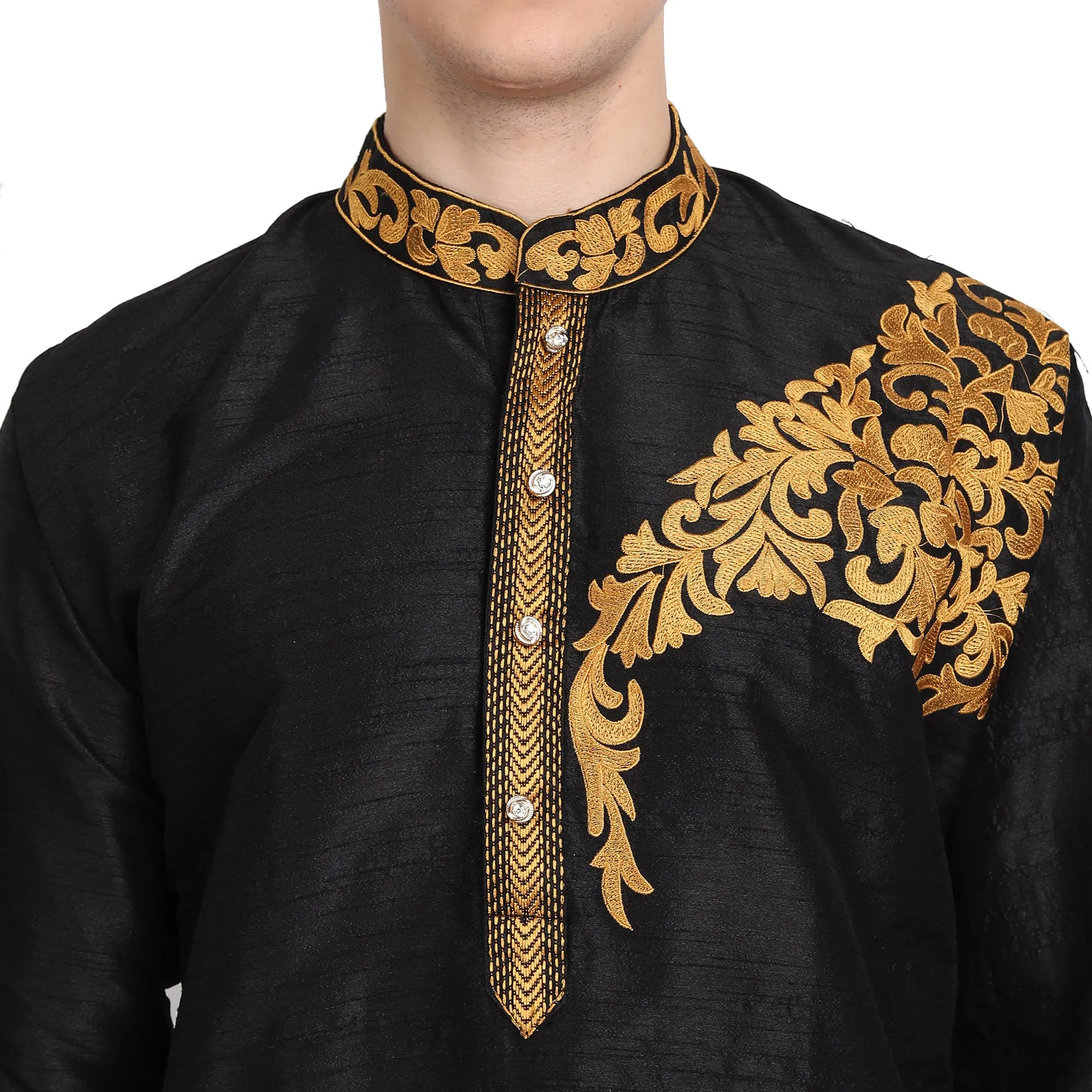 Kurta Pajama 2-Piece Set For Men Art Silk Party Wear Festive Dress Black
