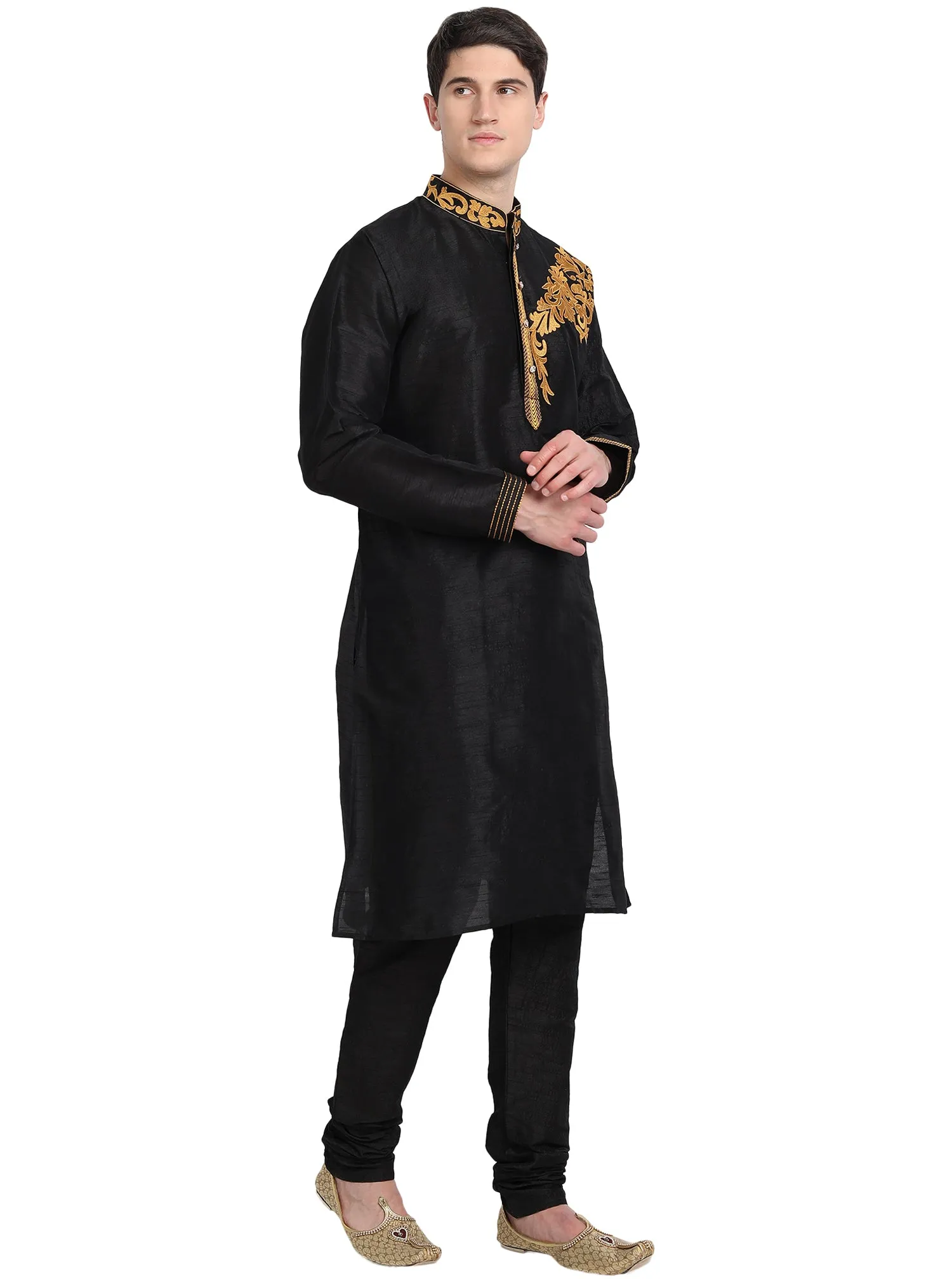 Kurta Pajama 2-Piece Set For Men Art Silk Party Wear Festive Dress Black