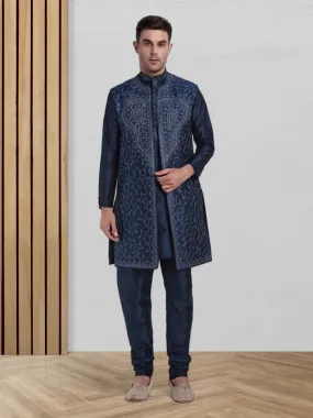 Kurta Pajama For Men With Jacket And Stole Festival Wedding Party Dress Set Blue
