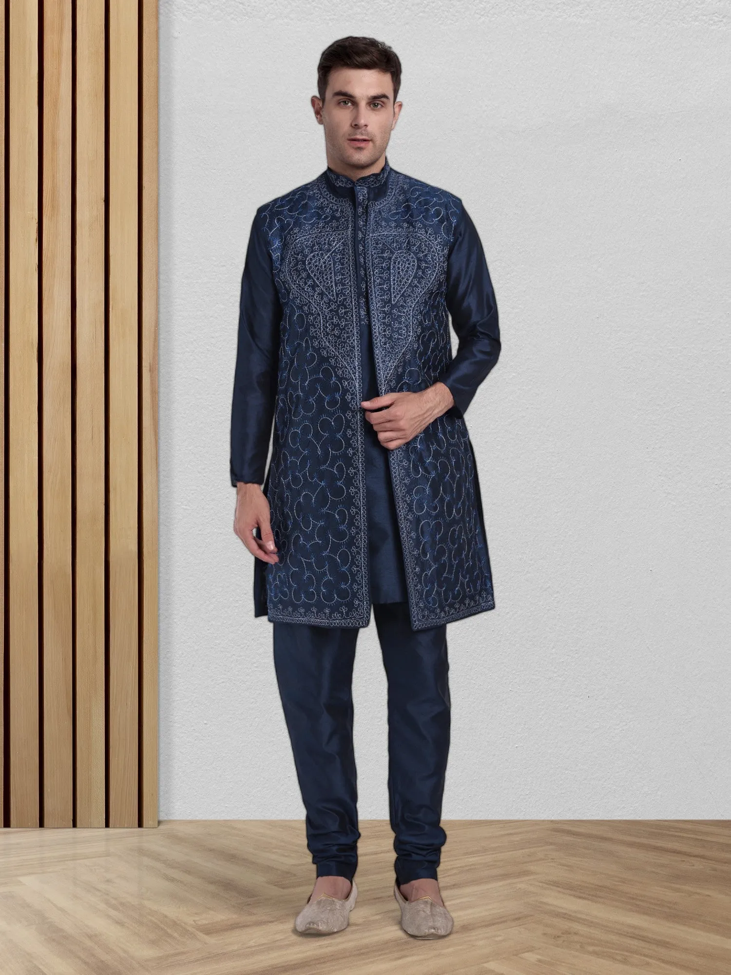 Kurta Pajama For Men With Jacket And Stole Festival Wedding Party Dress Set Blue