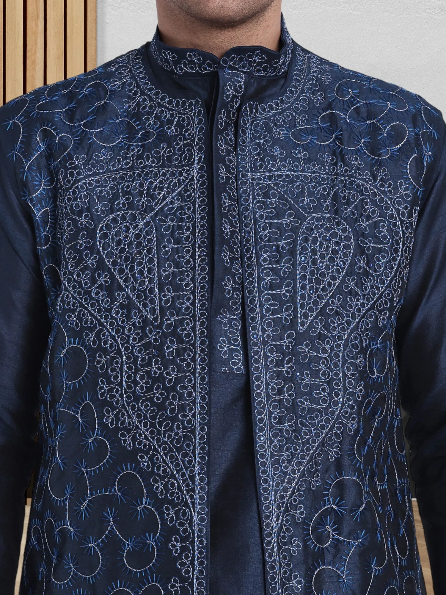 Kurta Pajama For Men With Jacket And Stole Festival Wedding Party Dress Set Blue