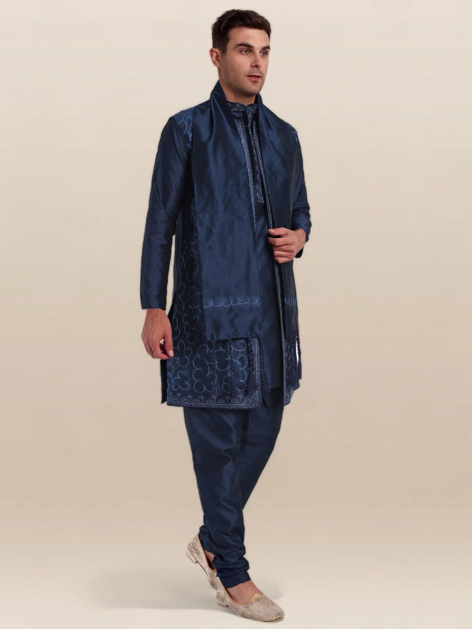 Kurta Pajama For Men With Jacket And Stole Festival Wedding Party Dress Set Blue