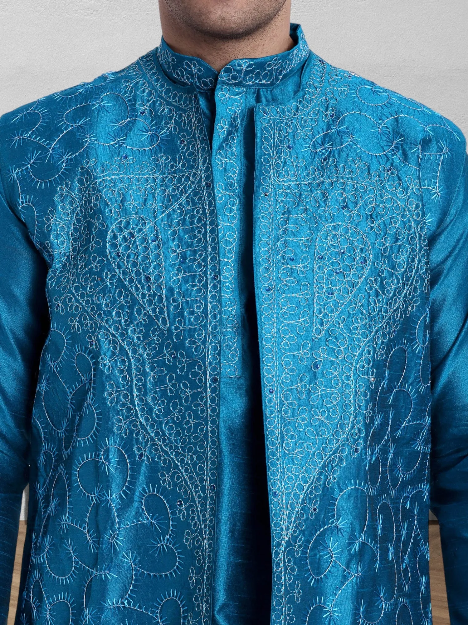 Kurta Pajama For Men With Jacket And Stole Festival Wedding Party Dress Set Turquoise
