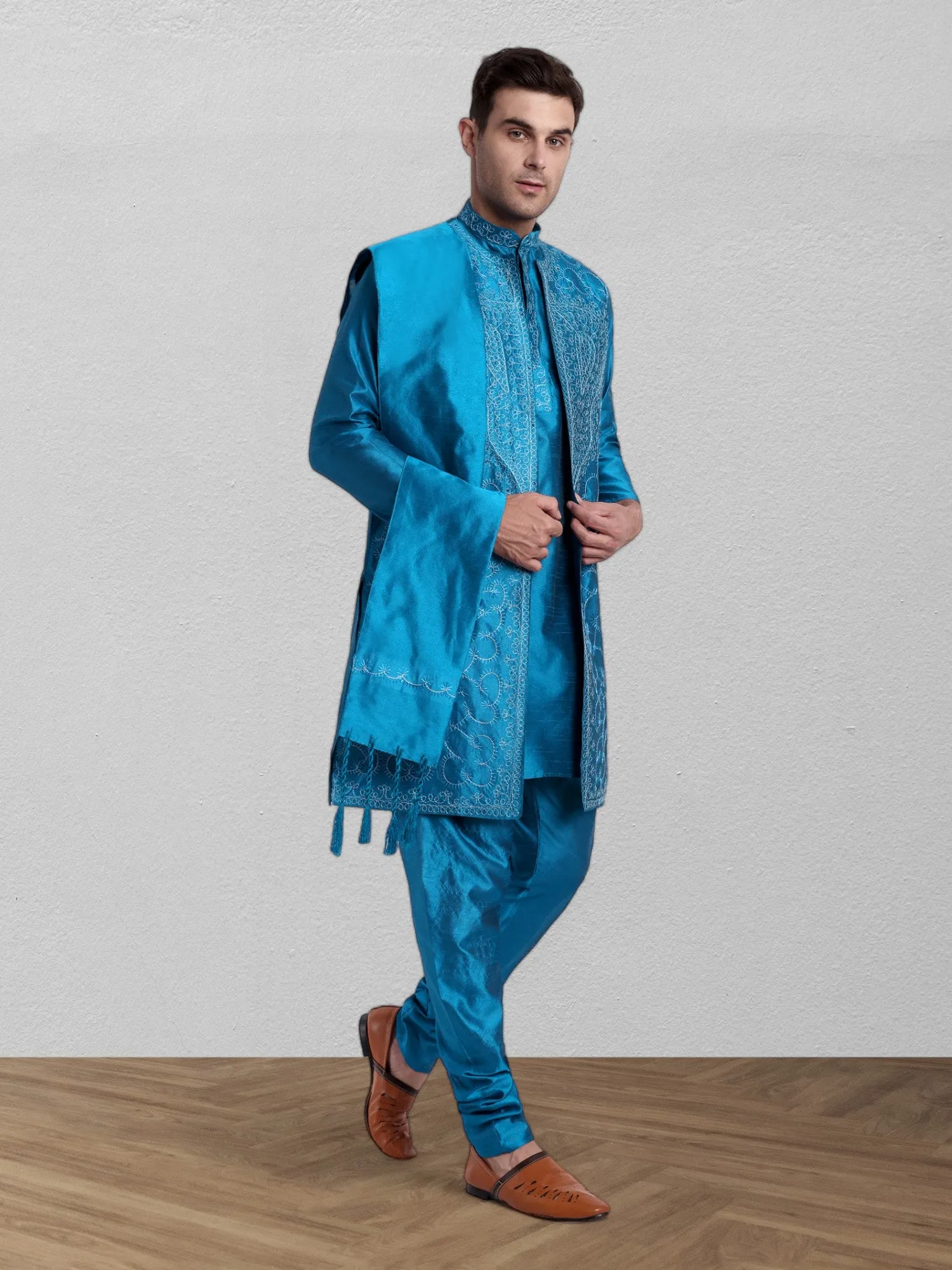 Kurta Pajama For Men With Jacket And Stole Festival Wedding Party Dress Set Turquoise