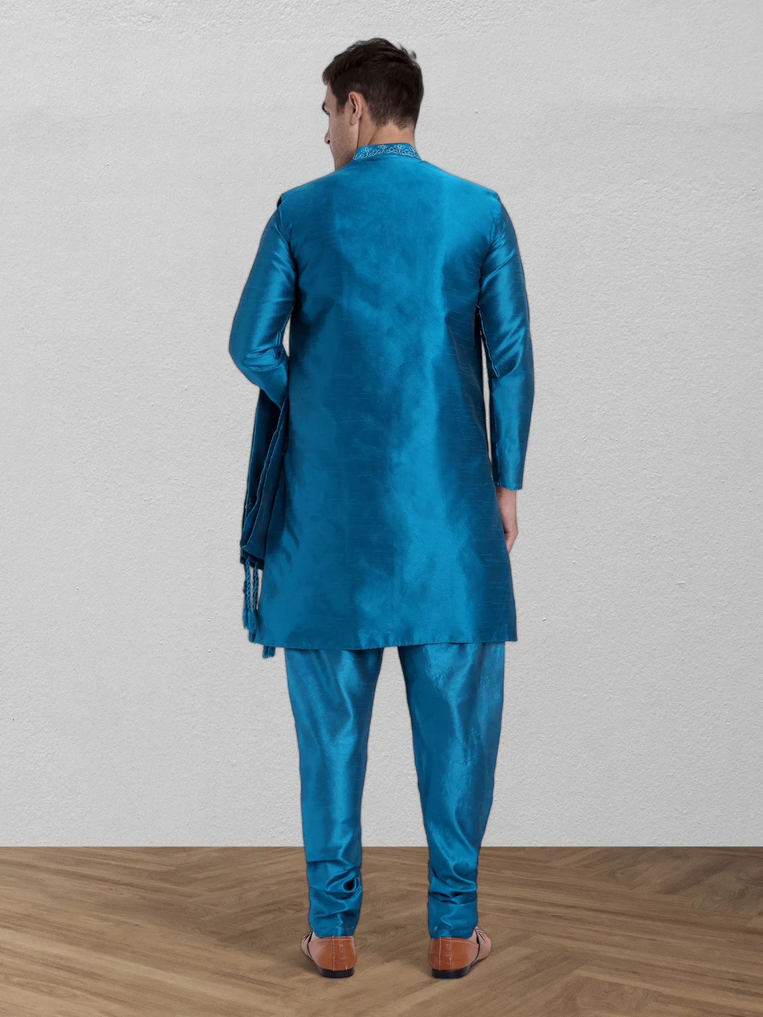 Kurta Pajama For Men With Jacket And Stole Festival Wedding Party Dress Set Turquoise