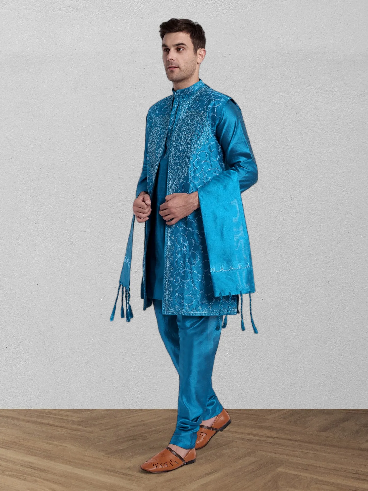 Kurta Pajama For Men With Jacket And Stole Festival Wedding Party Dress Set Turquoise
