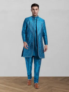 Kurta Pajama For Men With Jacket And Stole Festival Wedding Party Dress Set Turquoise