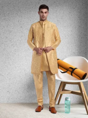 Kurta Pajama For Men With Jacket And Stole Festival Wedding Party Dress Set Yellow
