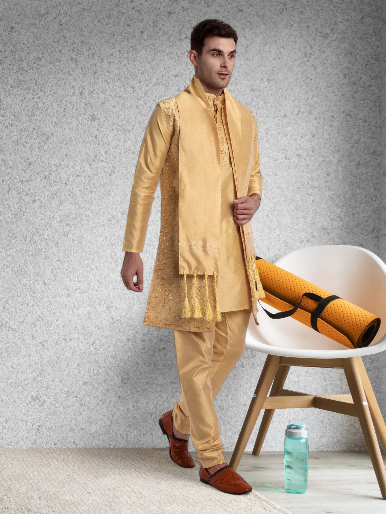 Kurta Pajama For Men With Jacket And Stole Festival Wedding Party Dress Set Yellow