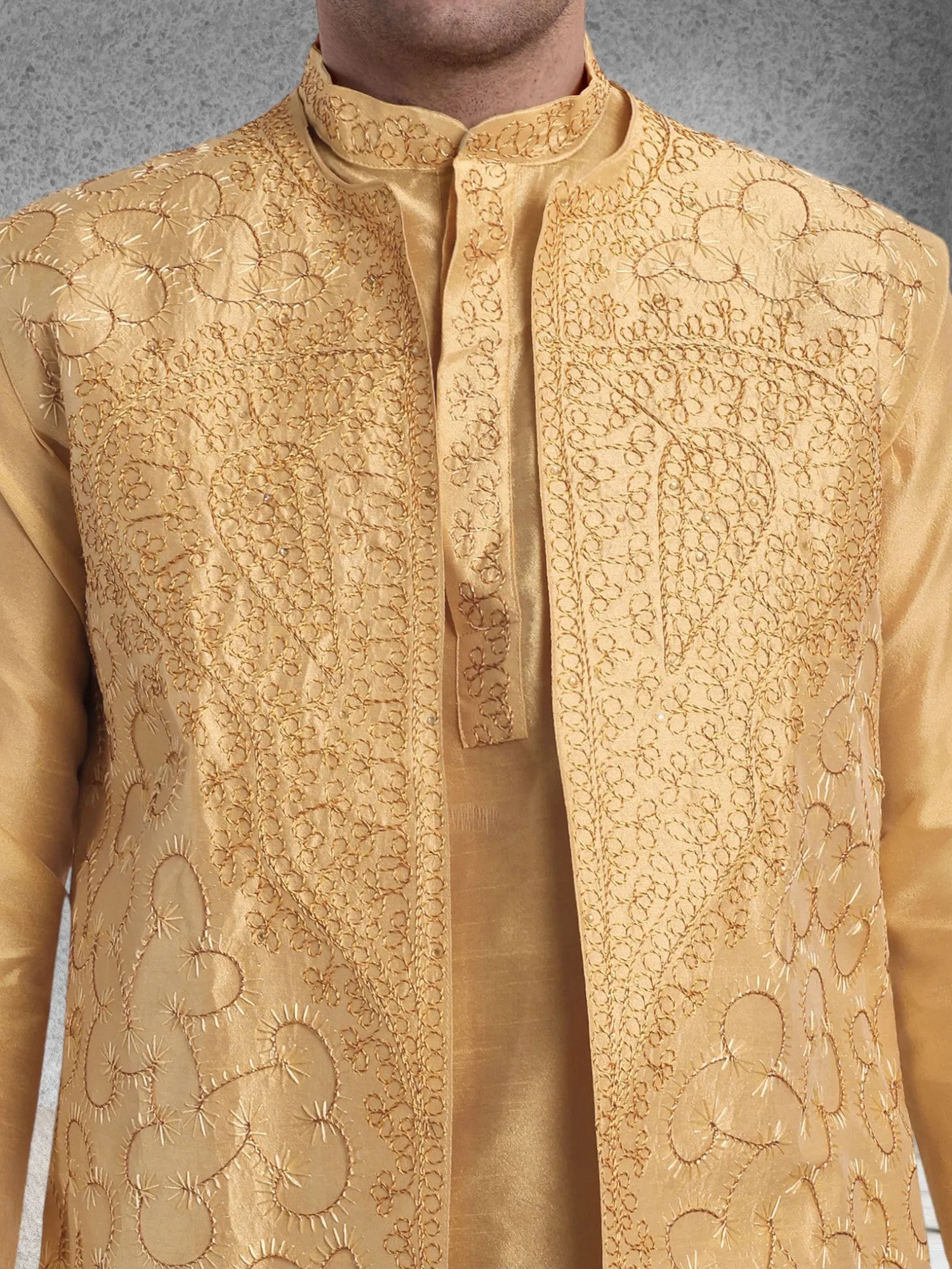 Kurta Pajama For Men With Jacket And Stole Festival Wedding Party Dress Set Yellow