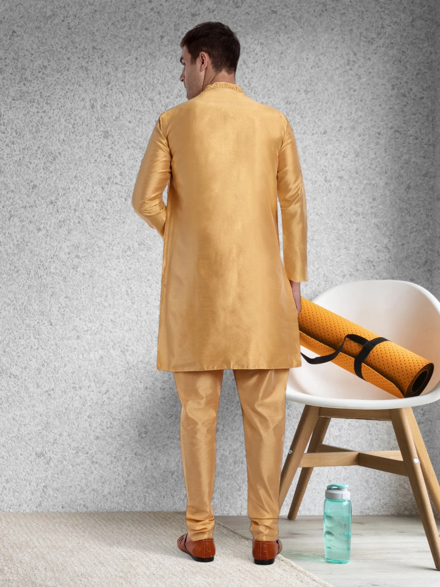 Kurta Pajama For Men With Jacket And Stole Festival Wedding Party Dress Set Yellow