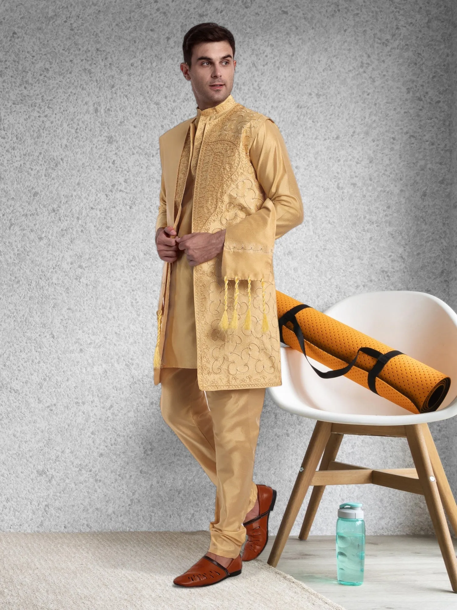 Kurta Pajama For Men With Jacket And Stole Festival Wedding Party Dress Set Yellow