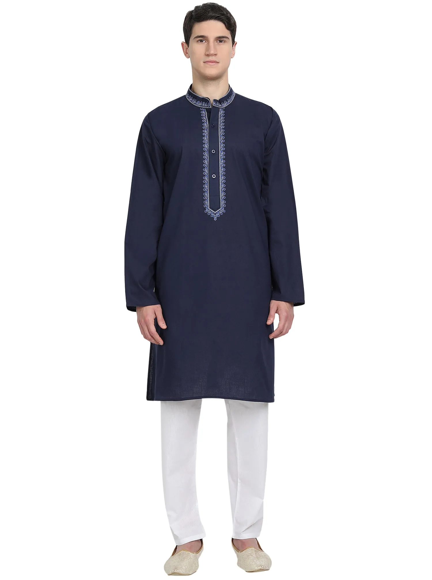 Kurta Pajama Set For Men Embroide Cotton Party Dress Blue