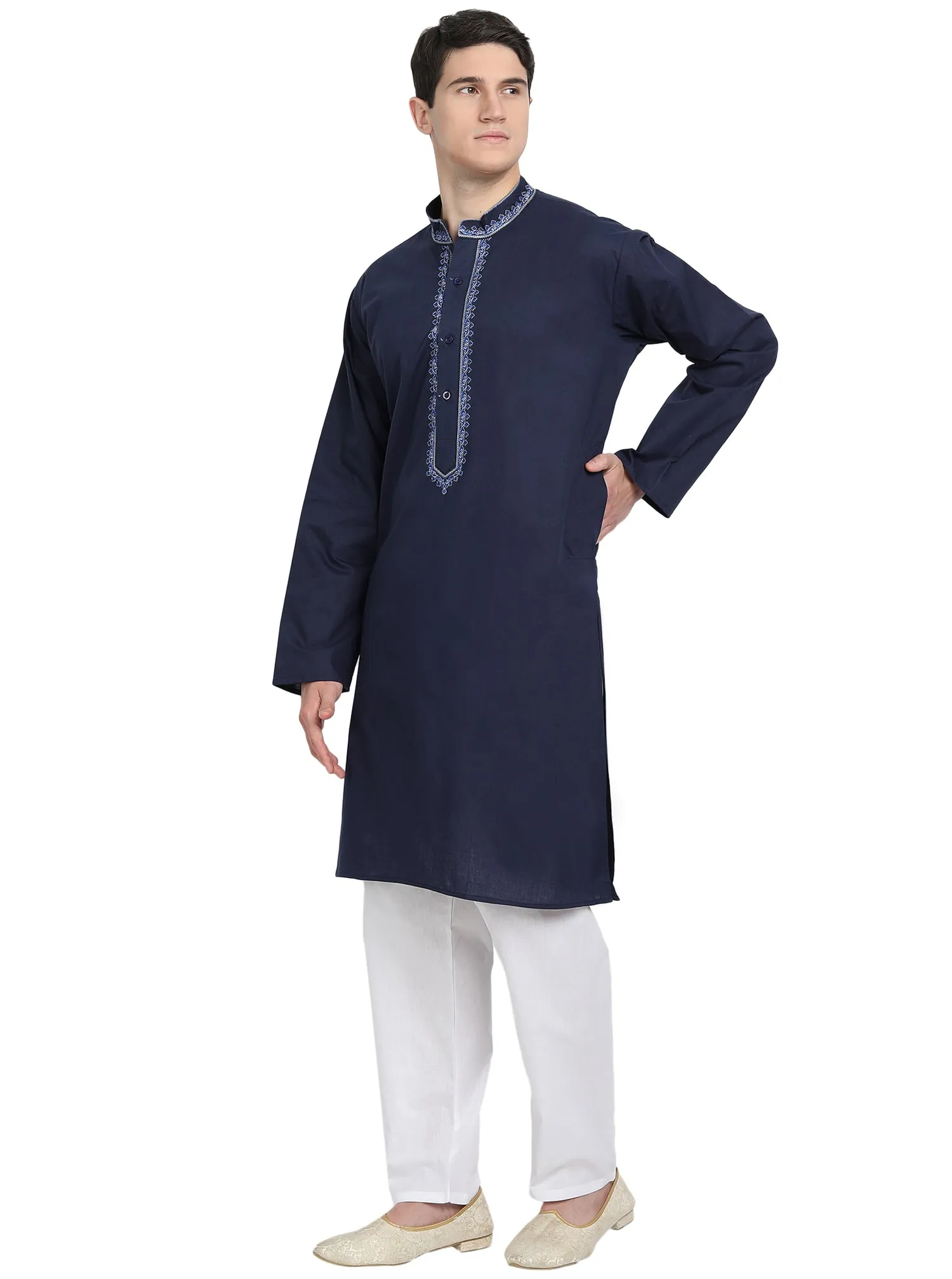 Kurta Pajama Set For Men Embroide Cotton Party Dress Blue