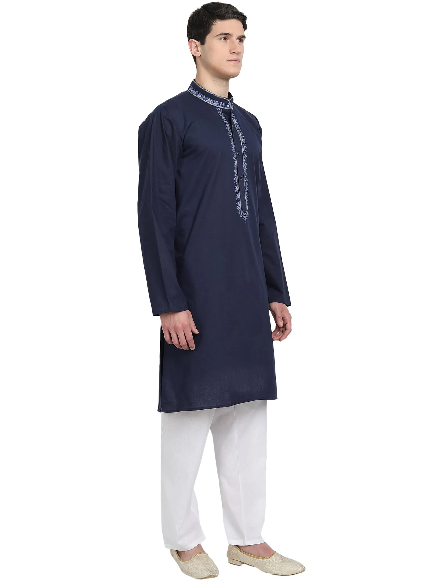 Kurta Pajama Set For Men Embroide Cotton Party Dress Blue