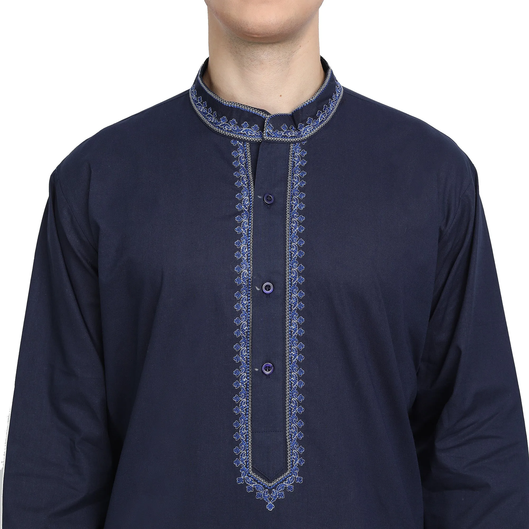 Kurta Pajama Set For Men Embroide Cotton Party Dress Blue