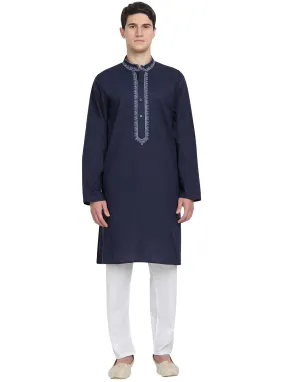 Kurta Pajama Set For Men Embroide Cotton Party Dress Blue