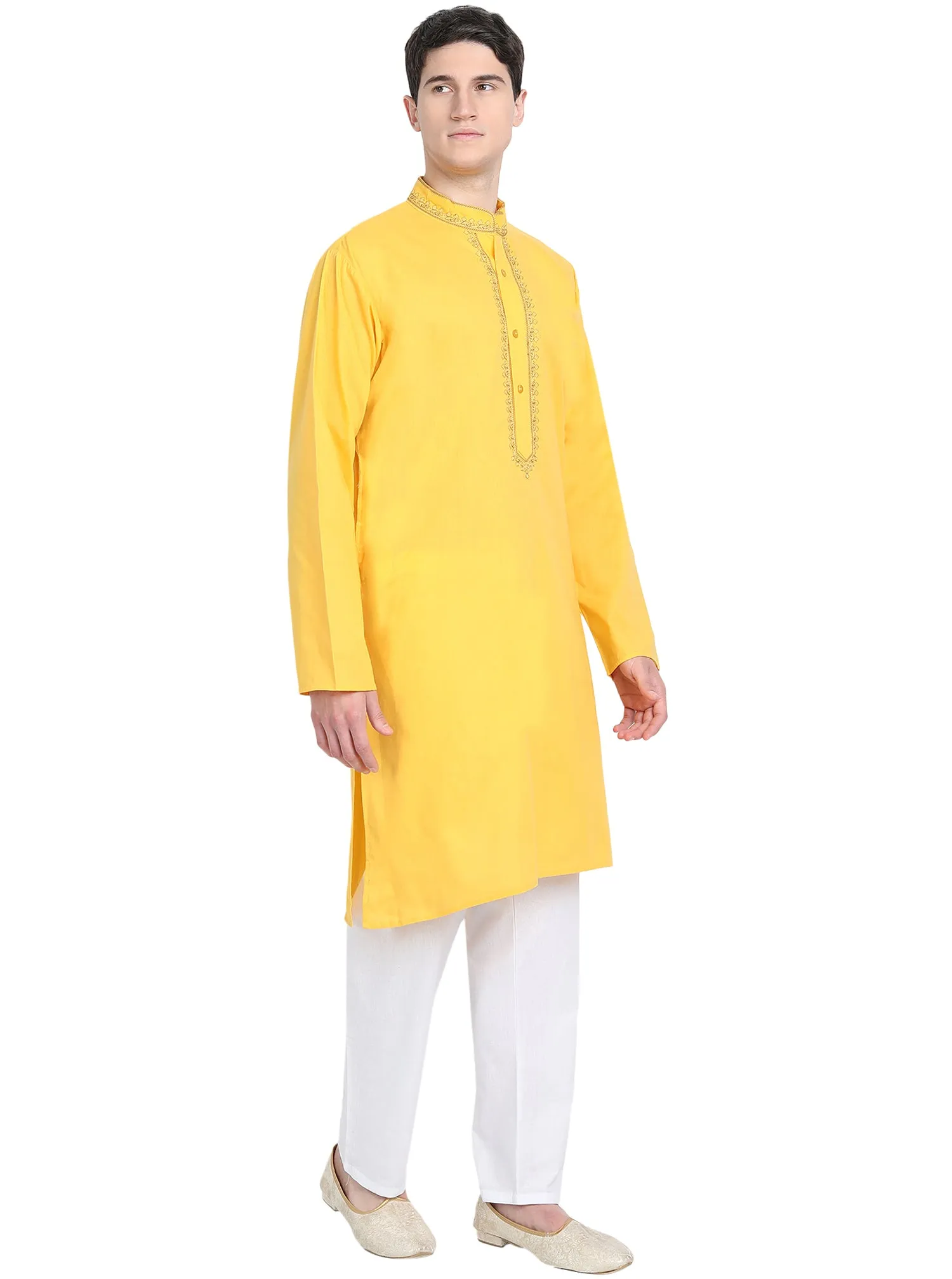 Kurta Pajama Set For Men Embroide Cotton Party Dress Gold