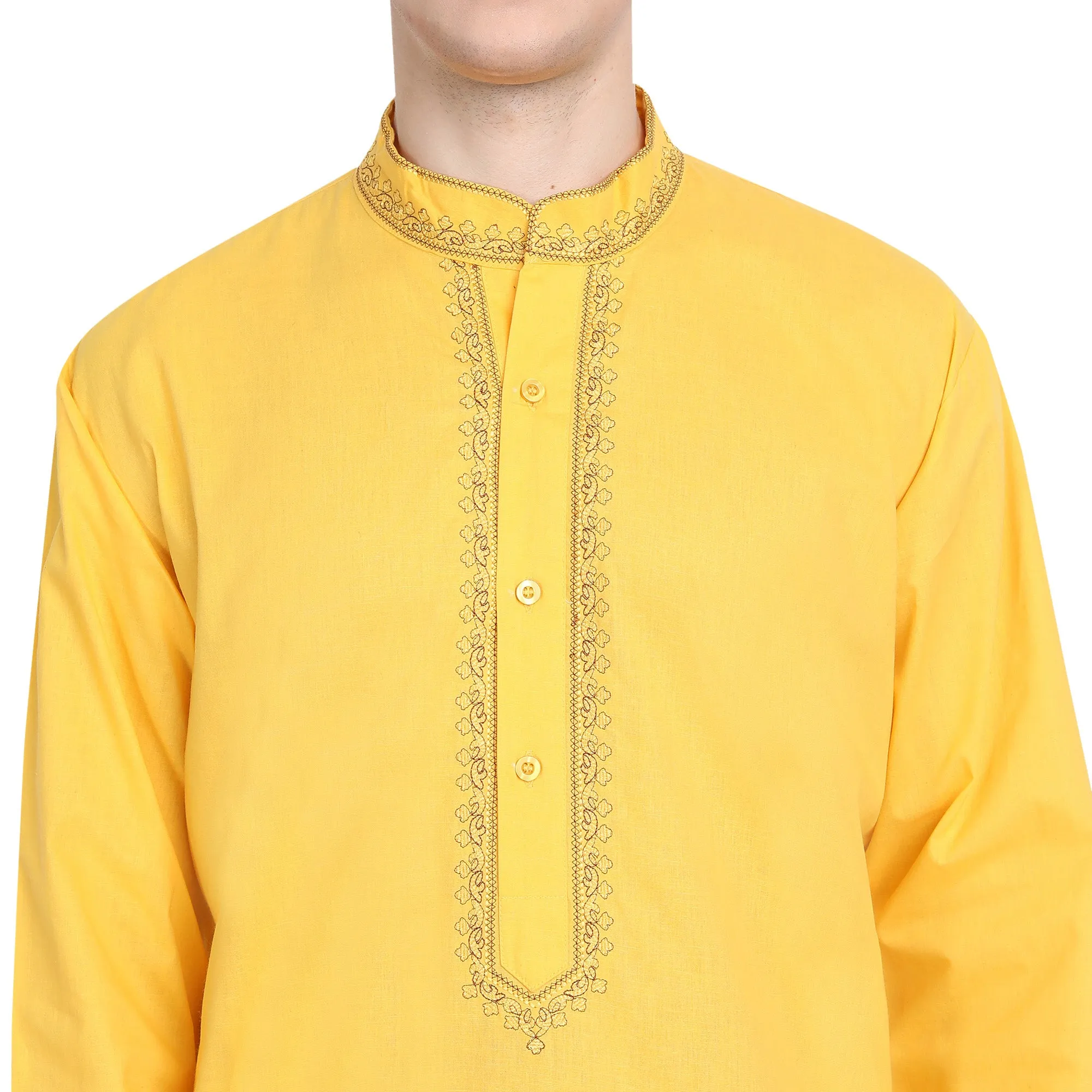 Kurta Pajama Set For Men Embroide Cotton Party Dress Gold