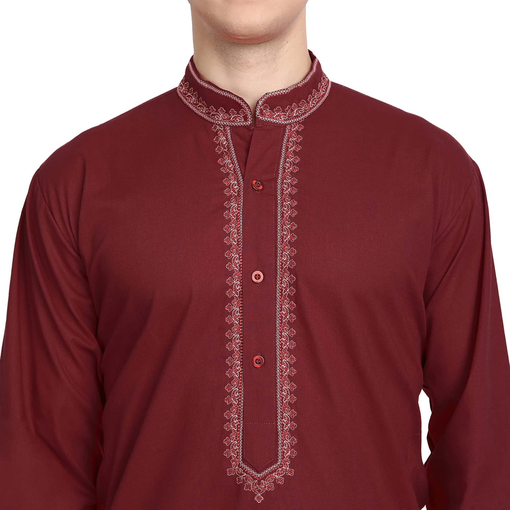 Kurta Pajama Set For Men Embroide Cotton Party Dress Red