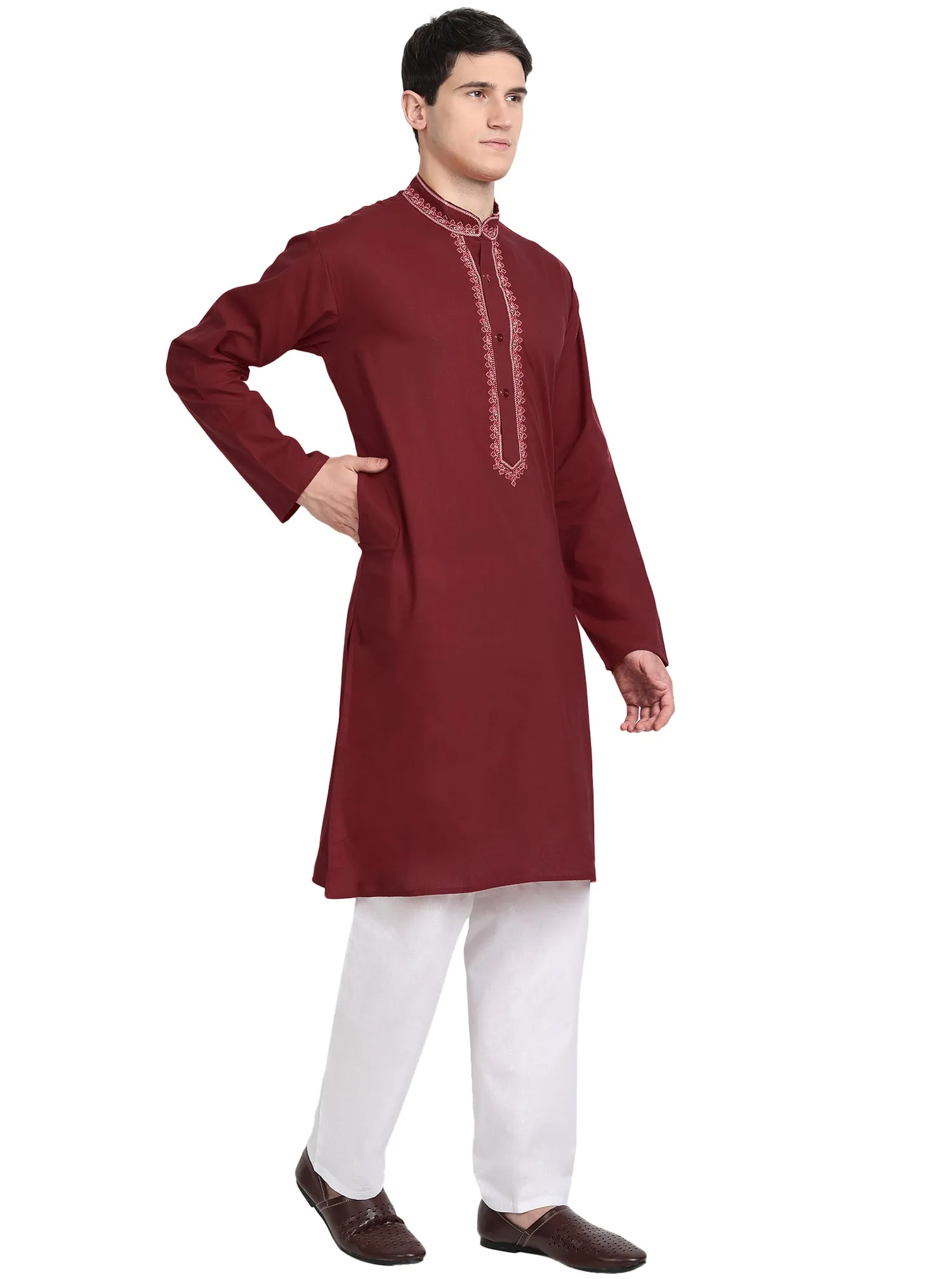 Kurta Pajama Set For Men Embroide Cotton Party Dress Red