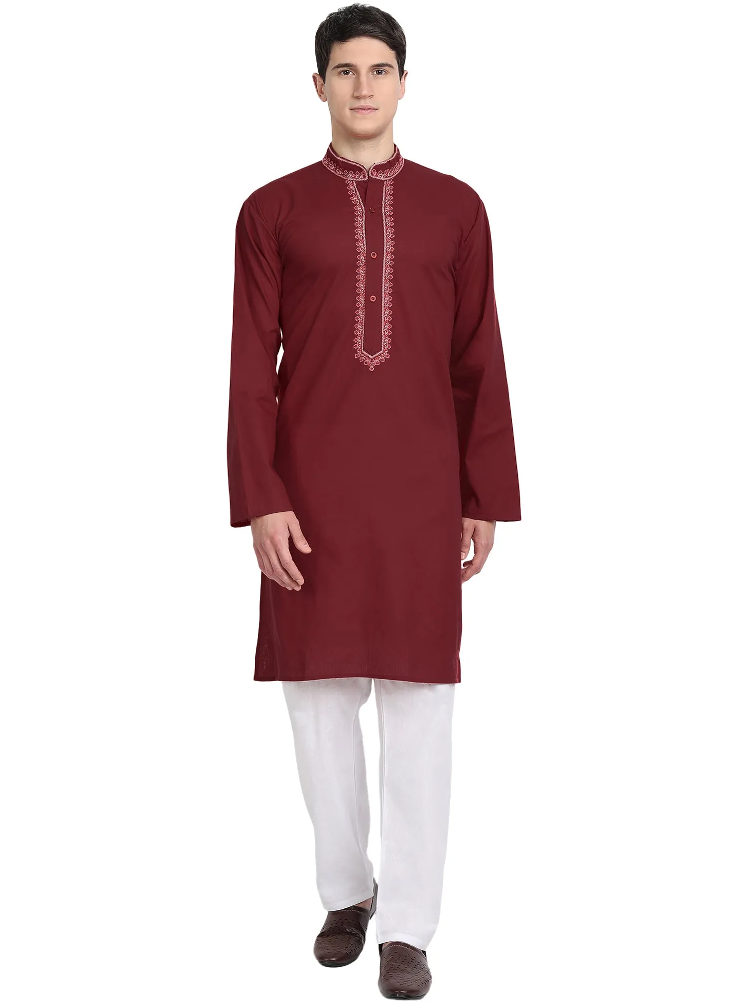 Kurta Pajama Set For Men Embroide Cotton Party Dress Red