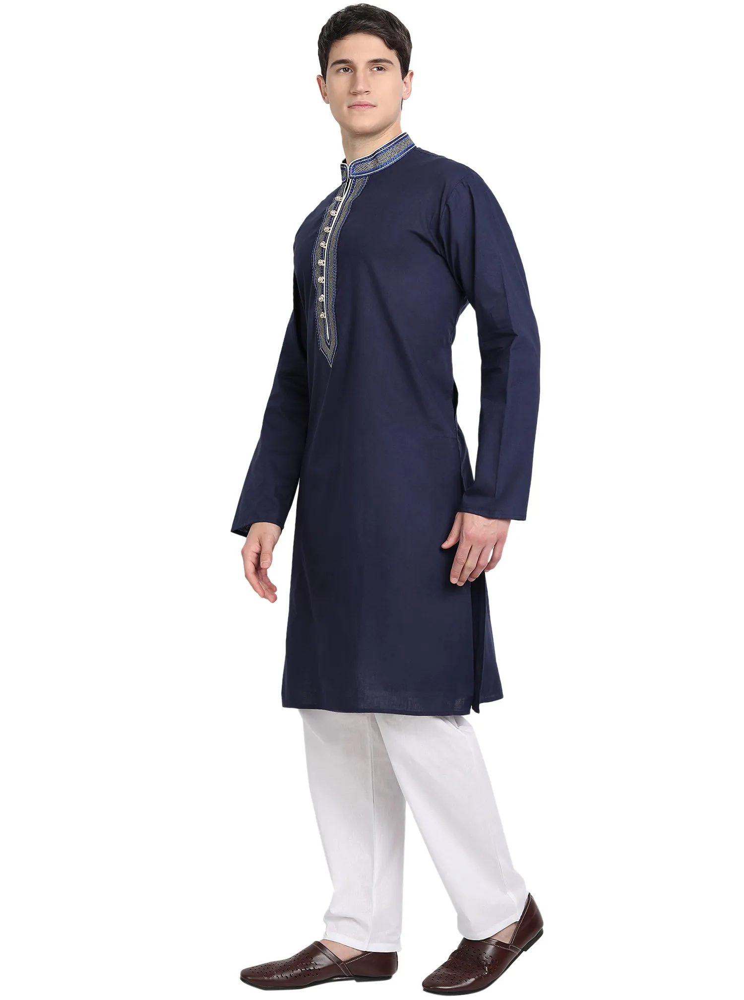 Kurta Pajama Set For Men Long Sleeve Cotton Party Dress Blue