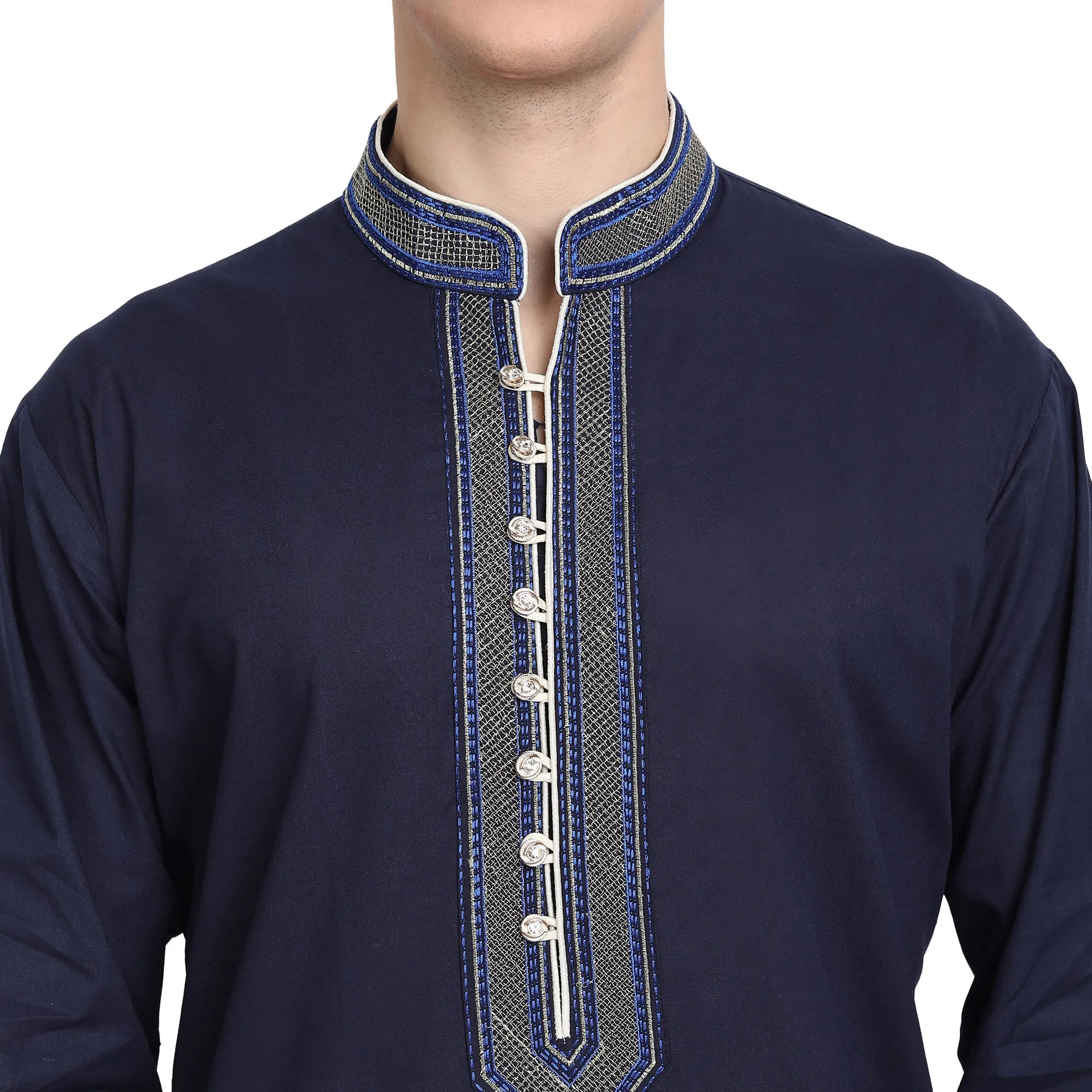 Kurta Pajama Set For Men Long Sleeve Cotton Party Dress Blue