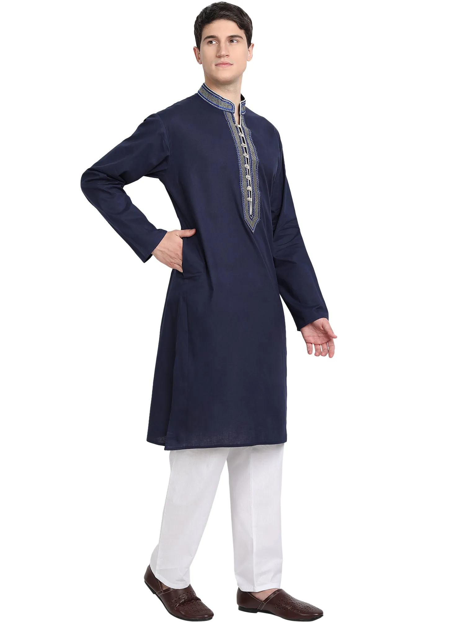 Kurta Pajama Set For Men Long Sleeve Cotton Party Dress Blue