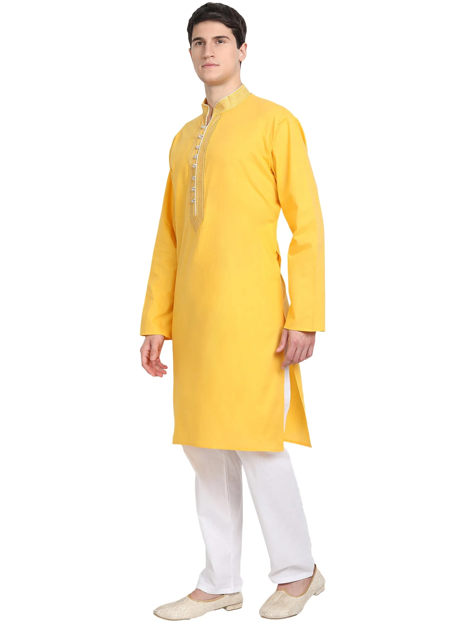 Kurta Pajama Set For Men Long Sleeve Cotton Party Dress Gold